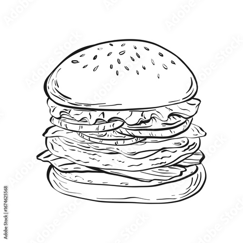 Hand drawn burger. Modern fast food hamburger print doodle ink style, abstract sketch for restaurant, cafe poster, placard, menu or banners. Vector illustration