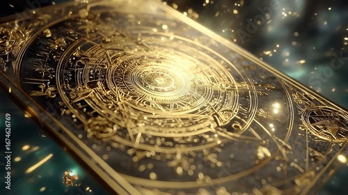 Black card tarot with golden symbols with a shiny glow on a dark background.