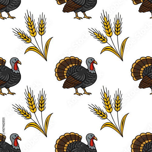A charming vector seamless pattern featuring Thanksgiving turkeys and wheat stalks, ideal for festive designs and autumnal celebrations.