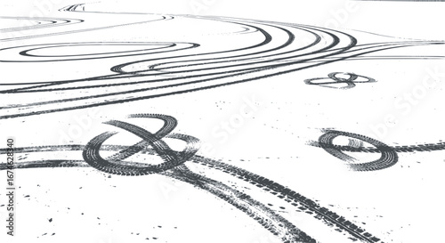 Tire tracks after skidding, launch, drift, powerslide in motorsport, rally, off-road, motocross. Wheel texture with splash effect. Vector, EPS version.