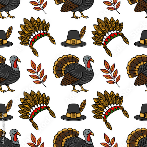 Seamless vector pattern featuring Thanksgiving icons: a pilgrim hat, Native American headdress, autumn leaves, and a detailed turkey illustration, perfect for festive designs.