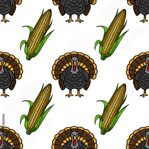 Seamless vector pattern featuring Thanksgiving-themed illustrations of turkeys and corn cobs, rendered in a hand-drawn style with vibrant colors against a clean white background.
