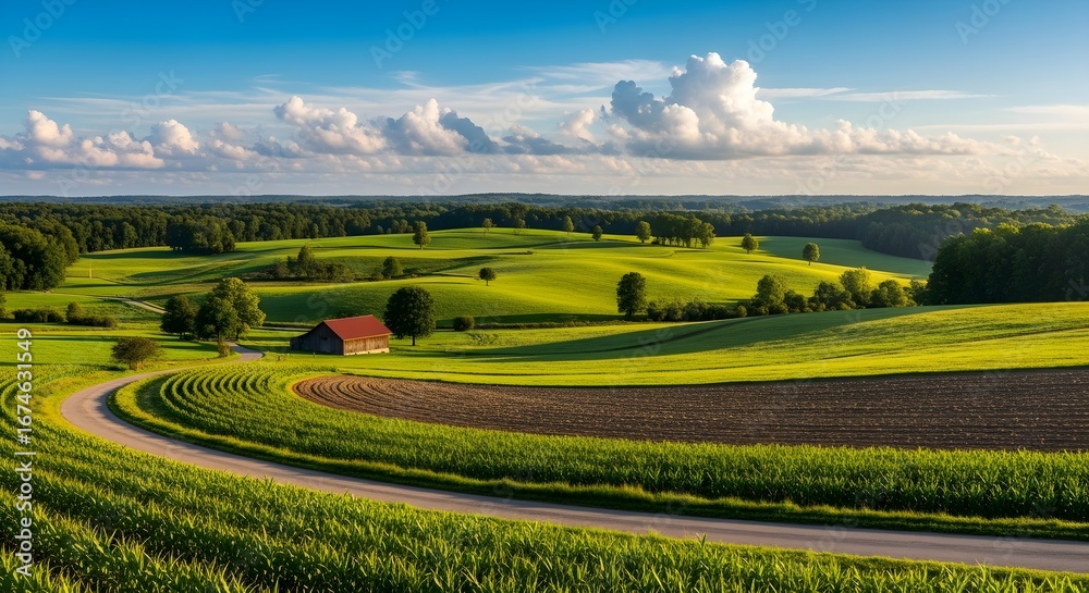 Fototapeta premium Rolling Hills Landscape with Barn and Field, Nature's Beauty in Countryside Scene