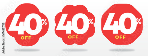 40% off, market, sticker, shape, label, tag, offer, store, shop, store, marketing, promo, price, advertising, retail. Set, icon, vector