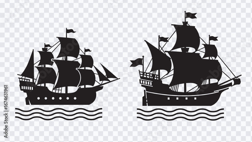 Historical sailing ship silhouette collection. Columbus Day elements