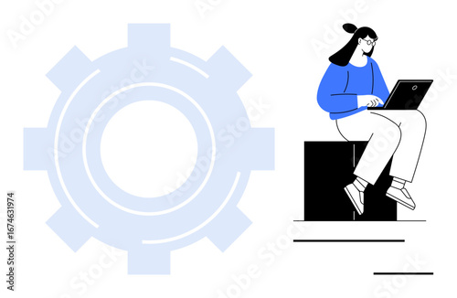 Woman in blue sweater seated, using a laptop with minimalistic large gear. Ideal for teamwork, workflow, innovation, technology, remote work, systems thinking education. Simple flat metaphor