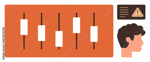 Candlestick chart for financial analysis, user profile icon, and warning alert notification. Ideal for finance, investment, stock trading, analytics, decision-making, risk management simple flat