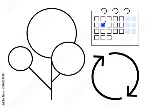 Abstract tree with circular branches, calendar with highlighted event, and recycling arrows. Ideal for growth, planning, sustainability, time management, ecology, life cycles environmental