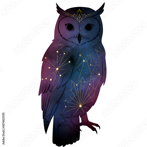 Mystical celestial owl with galaxy patterns and golden constellation details