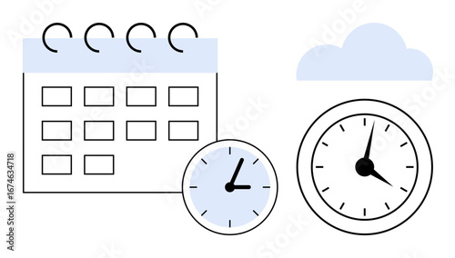 Minimalist calendar, two clocks, and soft cloud emphasizing scheduling, productivity, deadlines, planning, goal-setting. Ideal for time management, efficiency teamwork project organization focus
