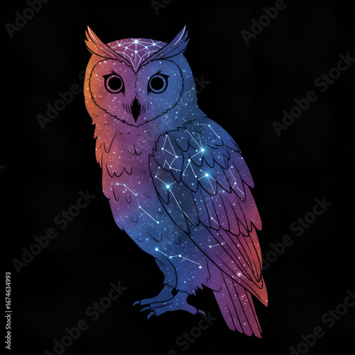 Celestial owl with vibrant nebula feathers and constellation star patterns