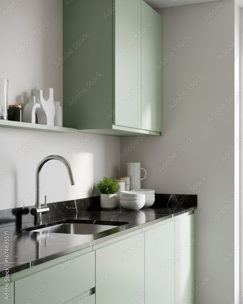 Fototapeta premium Modern Kitchen with Pastel Green Cabinets and Black Stone Countertop Vertical Portrait