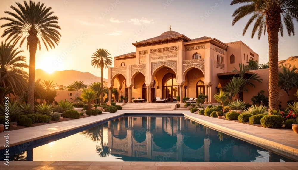 Fototapeta premium Luxury Moroccan Villa with Pool at Sunset Travel with Resort.