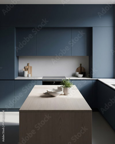 Sleek Minimalist Kitchen Deep Blue with Light Wood Island Soft Lighting Vertical