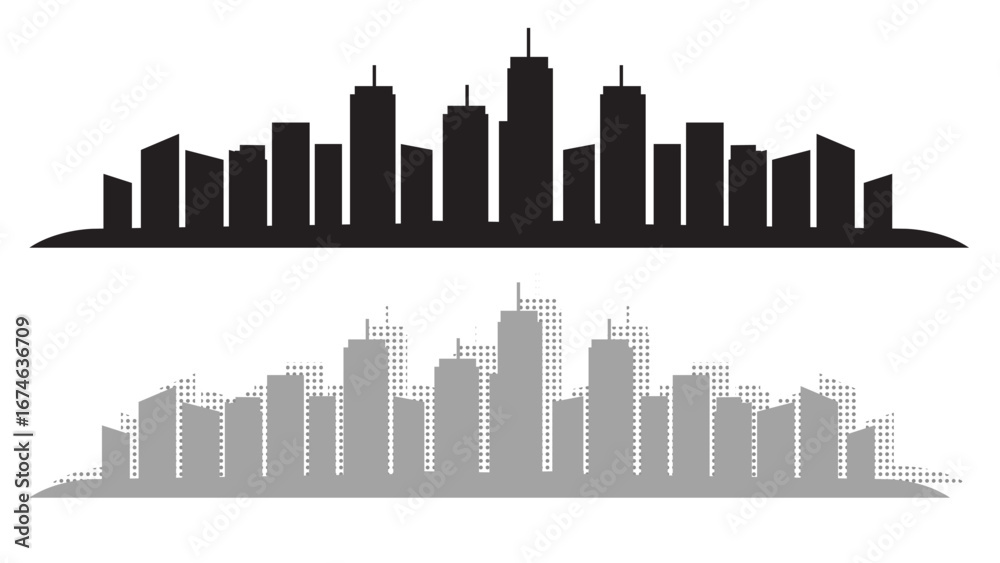 Fototapeta premium Urban cityscape silhouette collection. Buildings and halftone cityscapes vector set.