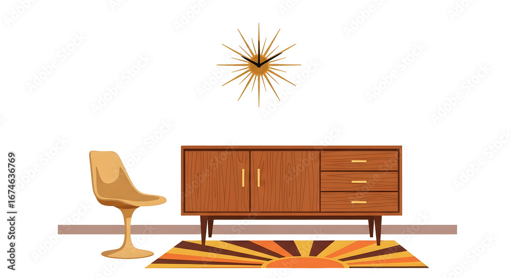 Fototapeta premium Illustration of midcentury modern living room furniture with a starburst clock and a geometric rug, isolated on transparent background