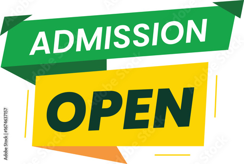 Admission open banner design with green and yellow geometric ribbon shapes bold typography educational institute enrollment announcement school college university vector