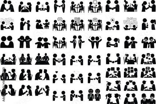 Two People Sitting at Table Silhouette Vector Icon Design Couple Dining and Talking – People at Table Silhouette Set
