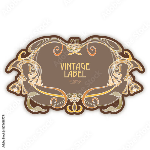 Decorative flowers and leaves in art nouveau style, vintage, old, retro style. Border, frame, template for product label, cosmetic packaging. Easy to edit. Vector illustration.