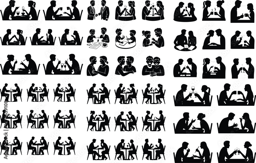 Naklejka premium Two People Sitting at Table Silhouette Vector Icon Design Couple Dining and Talking – People at Table Silhouette Set