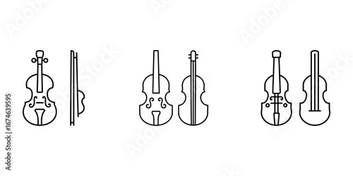 String instruments set with violin, cello, contrabass. Outline vector drawings of classical bowed instruments.