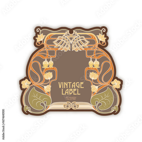Decorative flowers and leaves in art nouveau style, vintage, old, retro style. Border, frame, template for product label, cosmetic packaging. Easy to edit. Vector illustration.