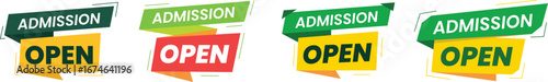 Admission open banner set collection with green red and yellow ribbon labels bold typography modern educational institute enrollment announcement school college vector design