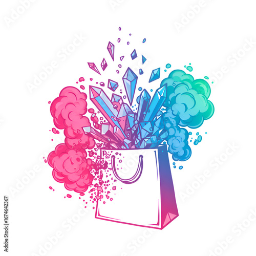 Colorful shopping bag bursting with crystals in comic book explosion style