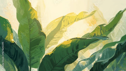 Banana-like leaf catching soft backlight in sunlit greenhouse foliage, with paint textures
