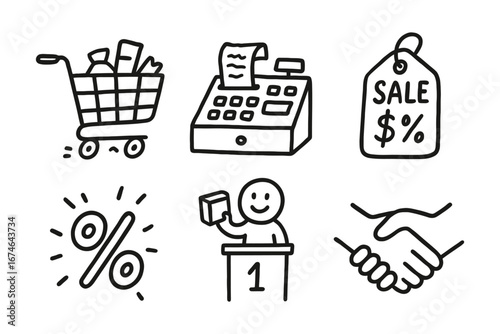 Hand-drawn retail and commerce icon set with shopping cart, cash register, sale tag, discount symbol, customer, and handshake