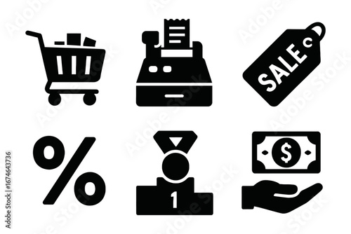 Bold retail and commerce icon set with shopping cart, cash register, sale tag, discount symbol, customer reward, and money exchange