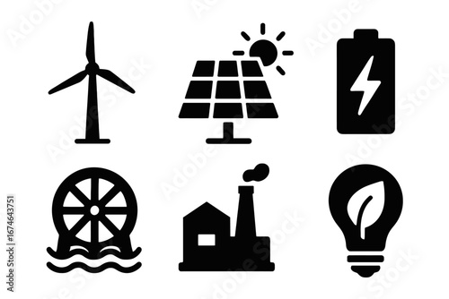 Energy and power icon set with symbols of wind turbine, solar panel, battery, hydro power, factory, and eco-friendly light bulb