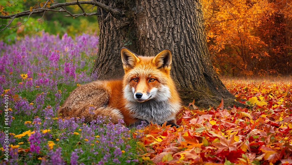 Fototapeta premium Reclining red fox lying among purple wildflowers, orange leaves on forest floor, with tree trunk