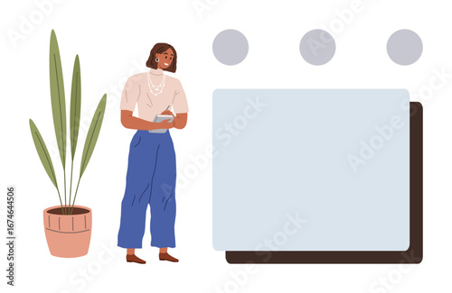 Woman holding notebook next to blank board and vibrant plant. Ideal for business planning, strategy, creativity, organization, education, teamwork, and focus. A simple flat metaphor