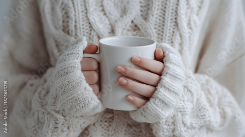 Close-Up of Girl in Knitted Sweater Holding White Blank Mug with Copy Space