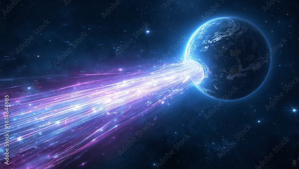 Fototapeta premium Displaying blue planet dominating space scene, with glowing portal and energy streams, copy space