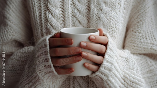 Close-Up of Girl in Knitted Sweater Holding White Blank Mug with Copy Space
