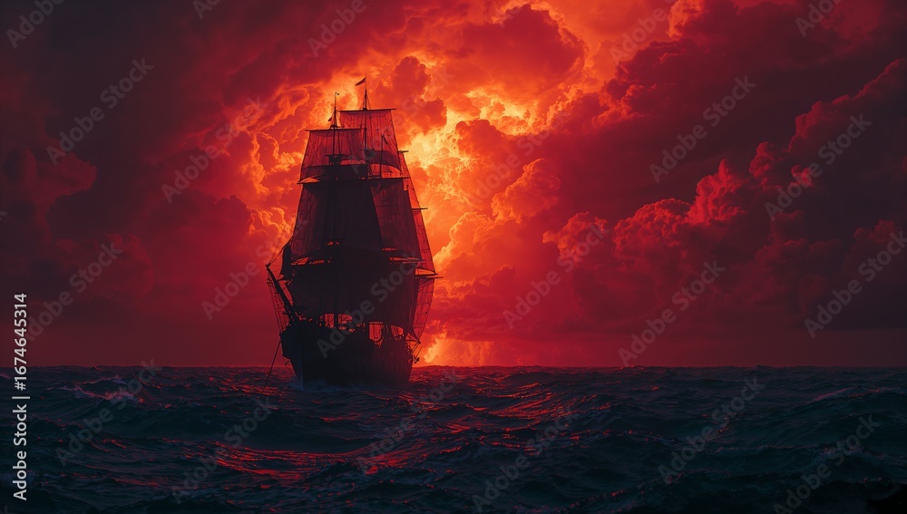 Fototapeta premium Cutting through rough sea under red sky, three-masted sailing ship showing furled sails and rigging