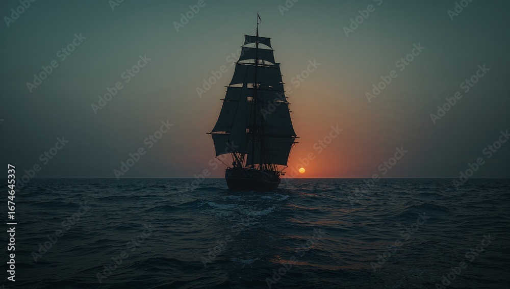 Obraz premium Sailing silhouette of tall multi-masted ship gliding across open ocean at sunset with rigging