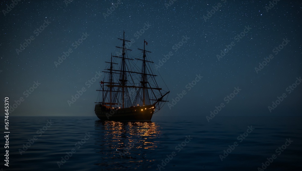 Obraz premium Floating three-masted wooden ship showing rigging on sea at night, with lit deck lights reflections