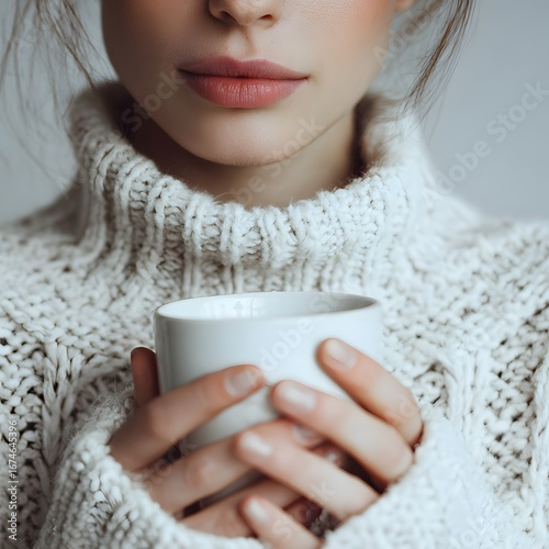 Close-Up of Girl in Knitted Sweater Holding White Blank Mug with Copy Space