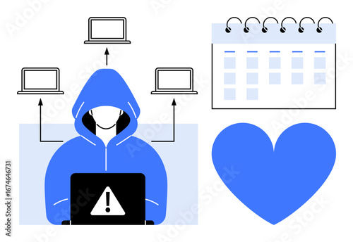 Hooded figure at laptop with caution sign, arrows connecting laptops, calendar, and heart. Ideal for cybersecurity, data theft, hacking awareness, online safety, planning teamwork simple landing
