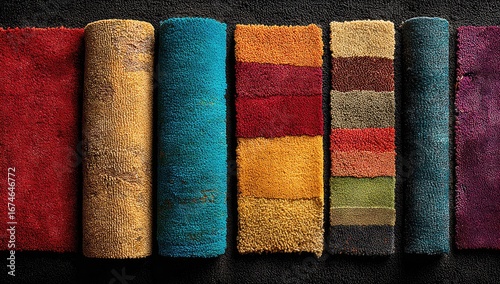 Rolled carpet swatches in various colors