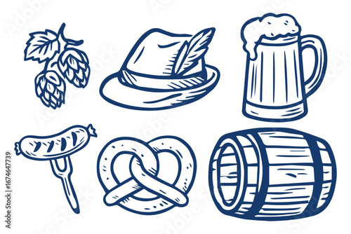 Vector set of Oktoberfest icons: beer mug, pretzel, bratwurst sausage, hops, barrel and Bavarian hat. Traditional German festival food and drink symbols in trendy outline style