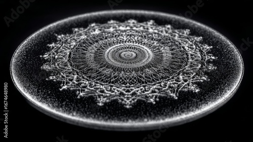 Top-down shot of Chladni plate, salt forms perfect geometric pattern, sound made visible in still motion.
