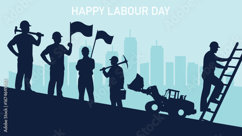World Labour Day greeting silhouettes with workers and skyline background.Vector illustration.