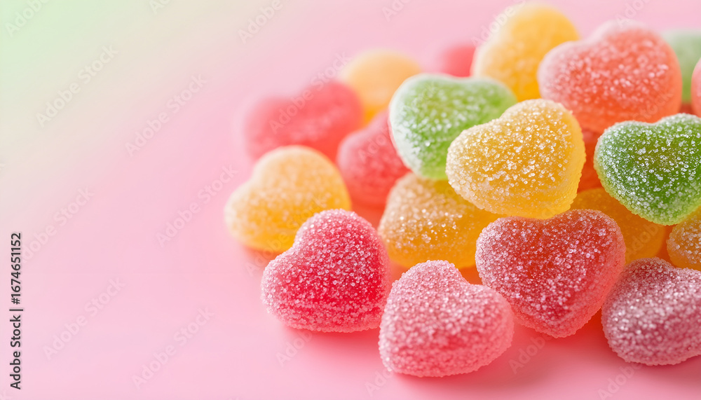 Pile of heart-shaped jelly candies in various vibrant colors like red, yellow, green, and orange. Candies coated in sugar sit on pink surface Pile of heart-shaped jelly candies in various vibrant colors like red, yellow, green, and orange. Candies coated in sugar sit on pink surface
