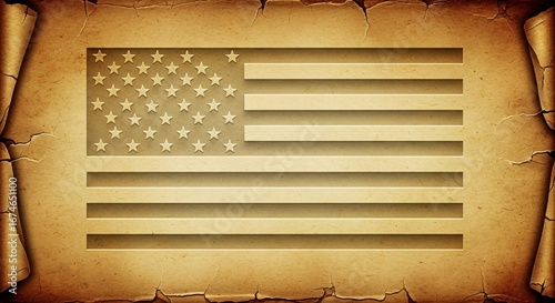 Timeless American flag emblem embossed on aged parchment with cracked texture and rolled edges