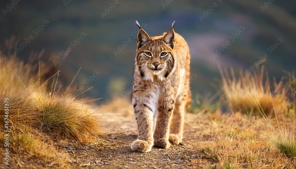 Fototapeta premium iberian lynx walking cautiously alone