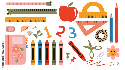 Cute school stationery and Art Supplies Set, cartoon style. Kawaii workspace accessories.Trendy modern vector illustration